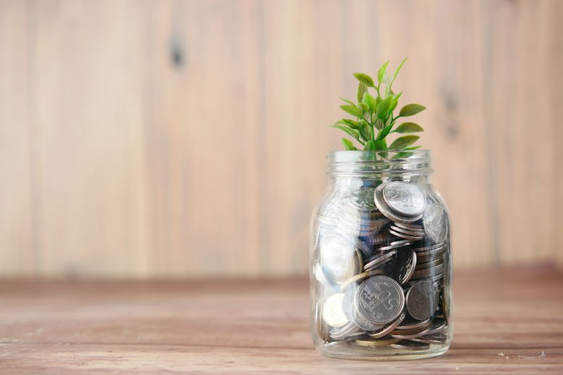 Frasco de vidrio con monedas y una planta creciendo